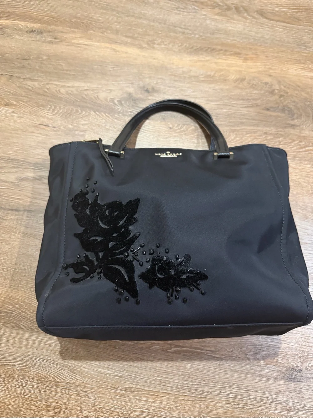 Kate Spade Dawn Black Floral Embellish Nylon Satchel Tote Bag No Shoulder Strap